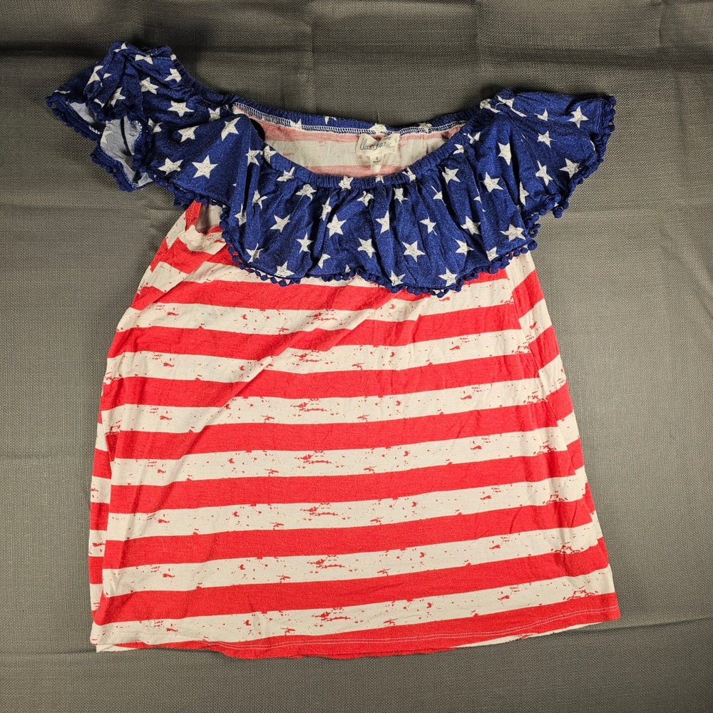 Cloud Chaser American Flag Off The Shoulder Ruffle Top Red White Blue Small